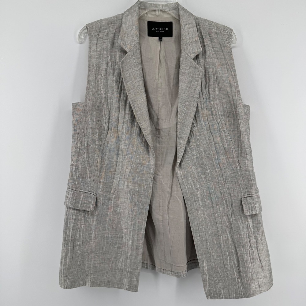 Lafayette 148 New York Vest Women Medium Grey Linen Blend Sleeveless Blazer Long